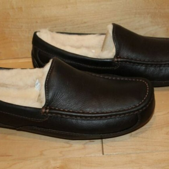 NIB UGG MEN'S LEATHER ASCOT CHINA TEA SHEARLING LINED SLIPPERS - Picture 6 of 11